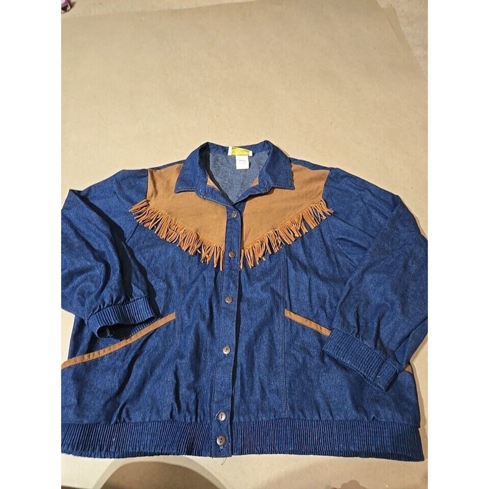 Vintage Denim Fringe Western Bomber Shirt Jean Denim Blue Brown Cowgirl Style XL